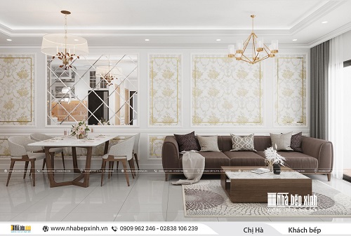 Phòng khách - bếp tân cổ điển đẹp và sang trọng tại căn hộ Emerald Celadon City 71m2